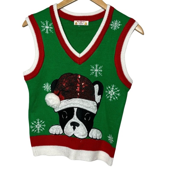 Merry Christmas POOF black white green red Frenchie bulldog sweater vest small s - Picture 2 of 6